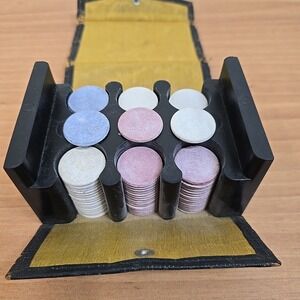 Vintage Clay Poker Chip Set in Leather Box Holder Caddy Blank Red White Blue